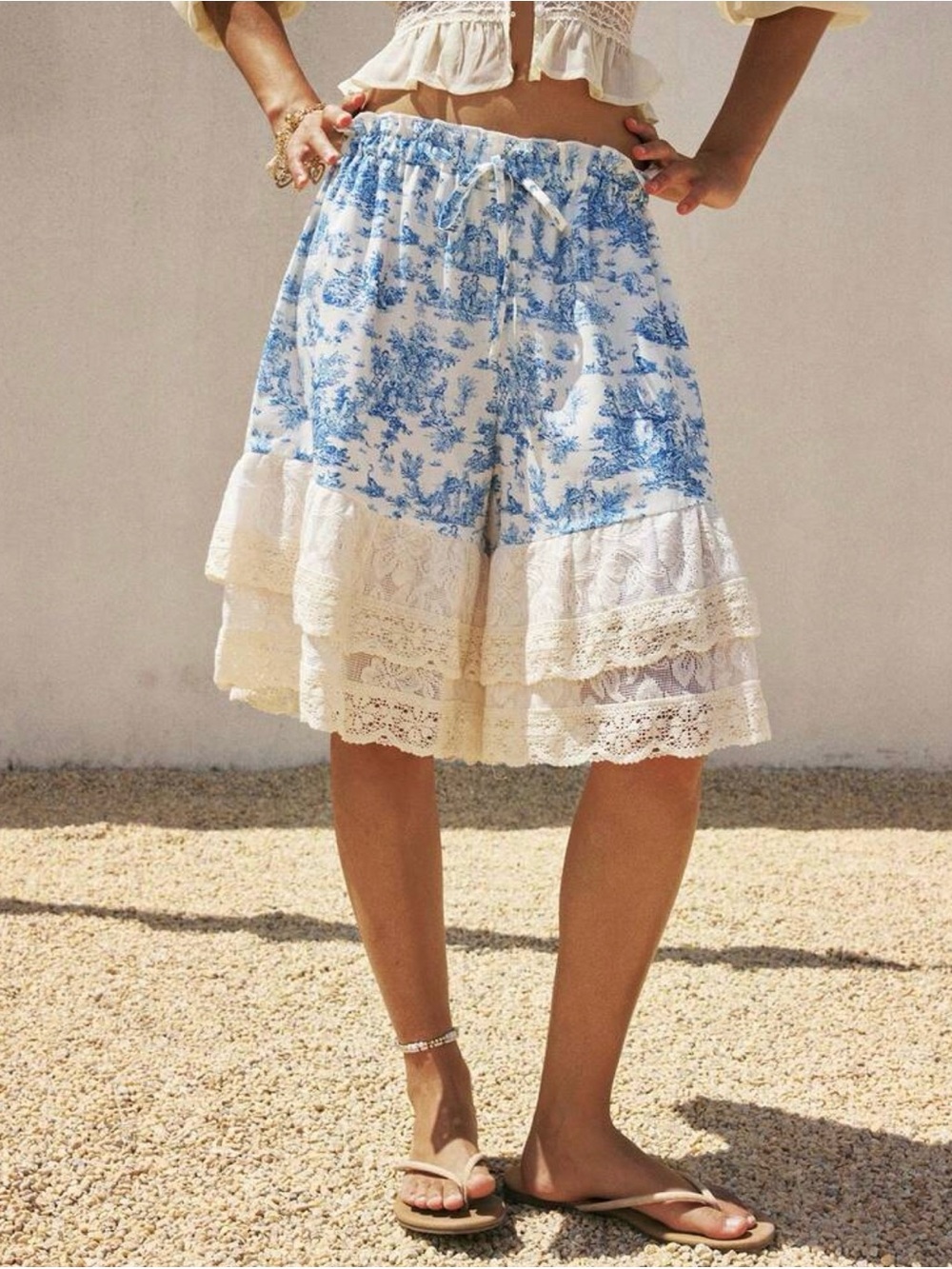 Blue Toile Lace Tiered Skirted Shorts